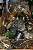 ONE BOX OF METALWARE, to include several silverplate dishes and small trays, a stainless steel tea