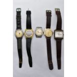 FIVE GENTS WRISTWATCHES, to include a 'Minera' manual wind, round gold dial signed 'Minera,