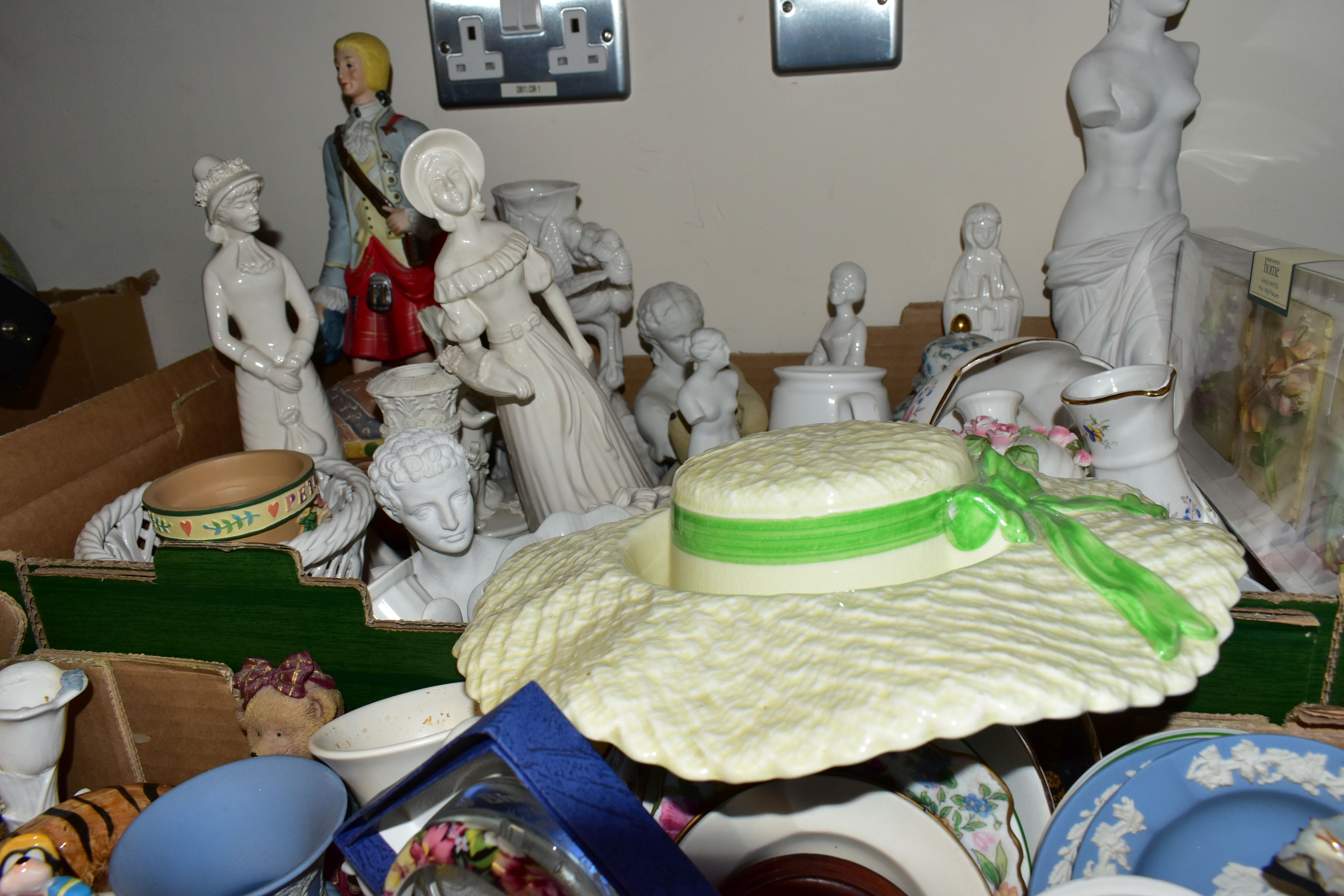FOUR BOXES OF CERAMICS AND SUNDRIES, to include two miniature mantel clocks, a miniature alarm - Image 3 of 8