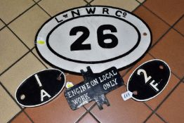 FOUR CAST IRON RAILWAY SIGNS, comprising an oval L & NWR Co. 26 (London & North Western Railway