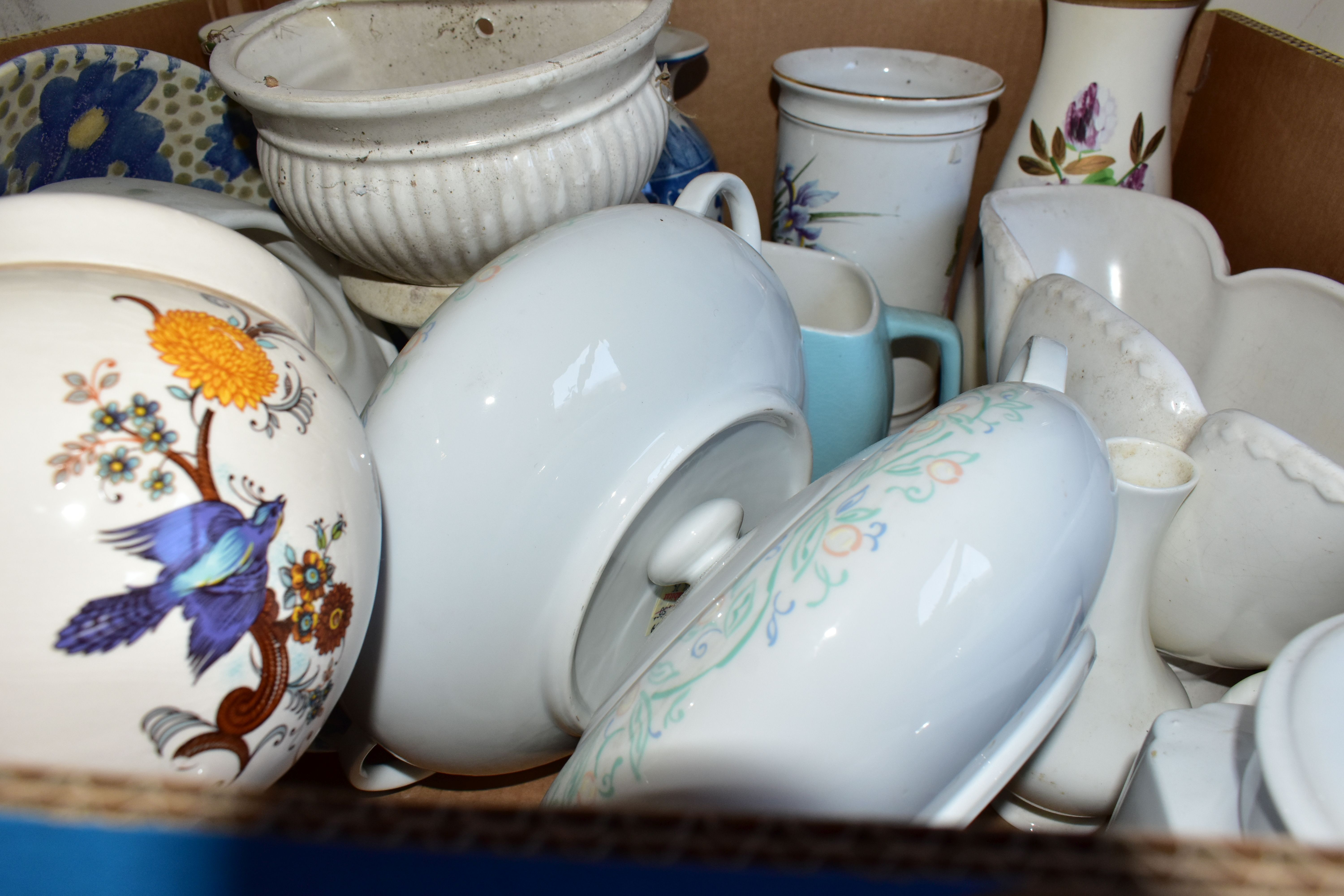 FOUR BOXES OF CERAMICS AND SUNDRIES, to include two miniature mantel clocks, a miniature alarm - Image 8 of 8