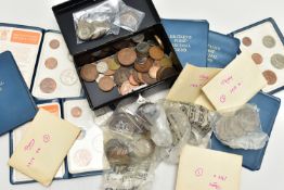 A SMALL CARDBOARD BOX CONTAINING MIXED COINS, to incldue a small metal cash box with a .925 silver