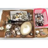 A BOX OF ASSORTED WHITE METAL WARE, to include a silver plated table center piece, bowl to the top