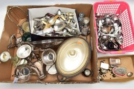 A BOX OF ASSORTED WHITE METAL WARE, to include a silver plated table center piece, bowl to the top