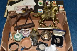 A BOX OF HORSE RACING INTEREST, COINS, METALWARES AND SUNDRY ITEMS, to include a resin sculpture