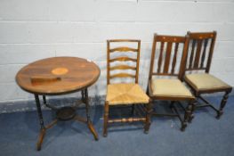 TWO OAK CHAIRS, a beech rush seated chair, and a 19th century rosewood circular occasional table,