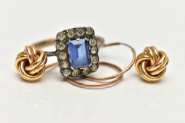 A GEM SET RING, STUD EARRINGS AND A PAIR OF SLEEPER HOOPS, the ring designed as a cluster set with a