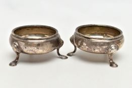 A PAIR OF GEORGIAN SILVER SALTS, each of a cauldron shape raised on three hoof feet, hallmarked to