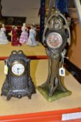 A FRENCH ART NOUVEAU MANTEL CLOCK TOGETHER WITH A 19TH CENTURY FRENCH MANTEL CLOCK, the smaller
