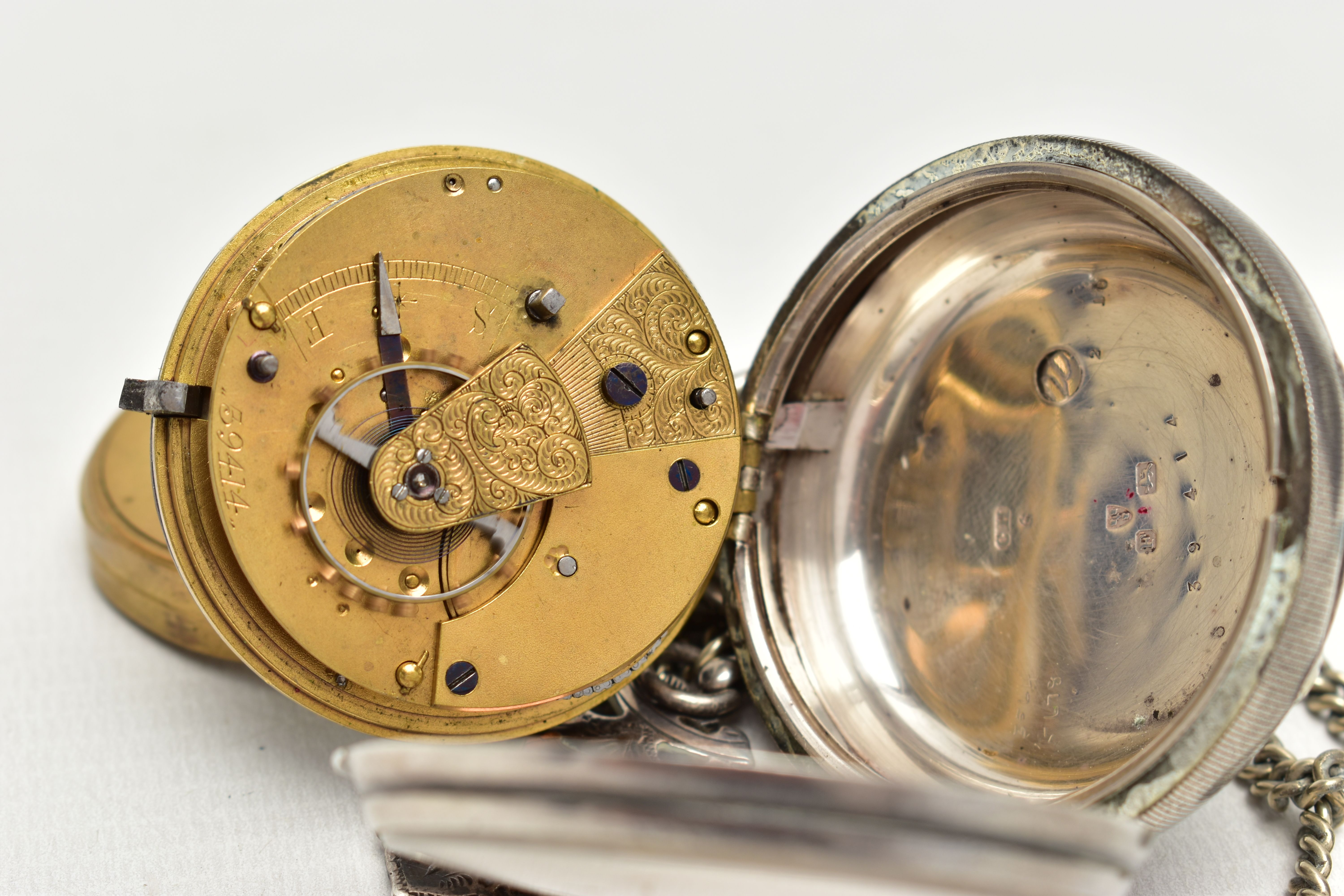 A SILVER OPEN FACE POCKET WATCH WITH ALBERT CHAIN AND FOB, key wound pocket watch featuring a - Image 5 of 5