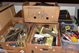 TOYS, six boxes containing a collection of Scalextric track, cars and accessories and tin plate rail