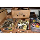 TOYS, six boxes containing a collection of Scalextric track, cars and accessories and tin plate rail