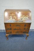 A 20TH CENTURY WALNUT AND PARCEL GILT BUREAU, with chinoiserie detail, the fall front enclosing an