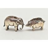 TWO EDWARDIAN SILVER PIN CUSHIONS, the first a small silver pig, approximate dimensions height