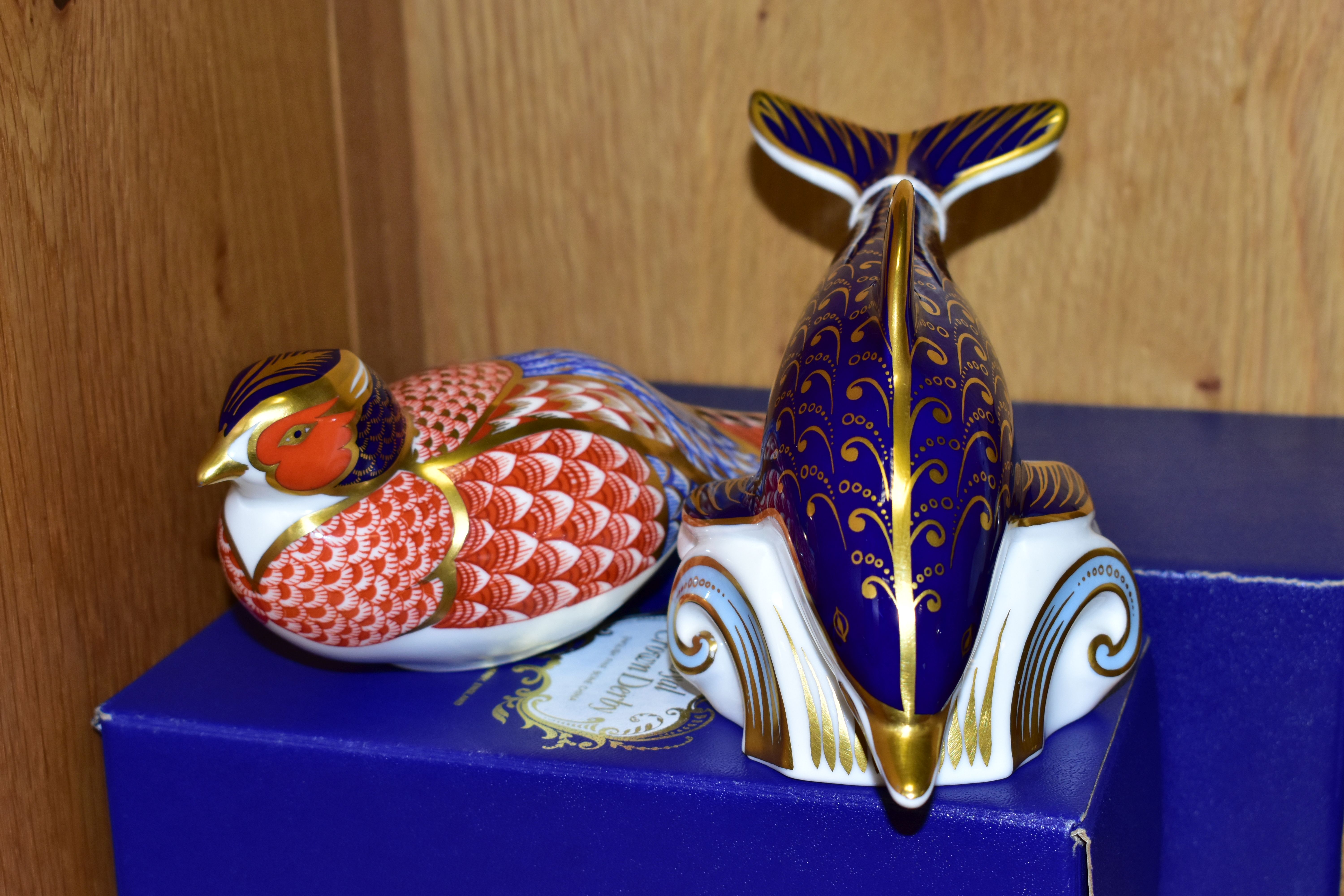 TWO BOXED ROYAL CROWN DERBY PAPERWEIGHTS, comprising Pheasant and Dolphin height 9cm, with red - Image 2 of 4