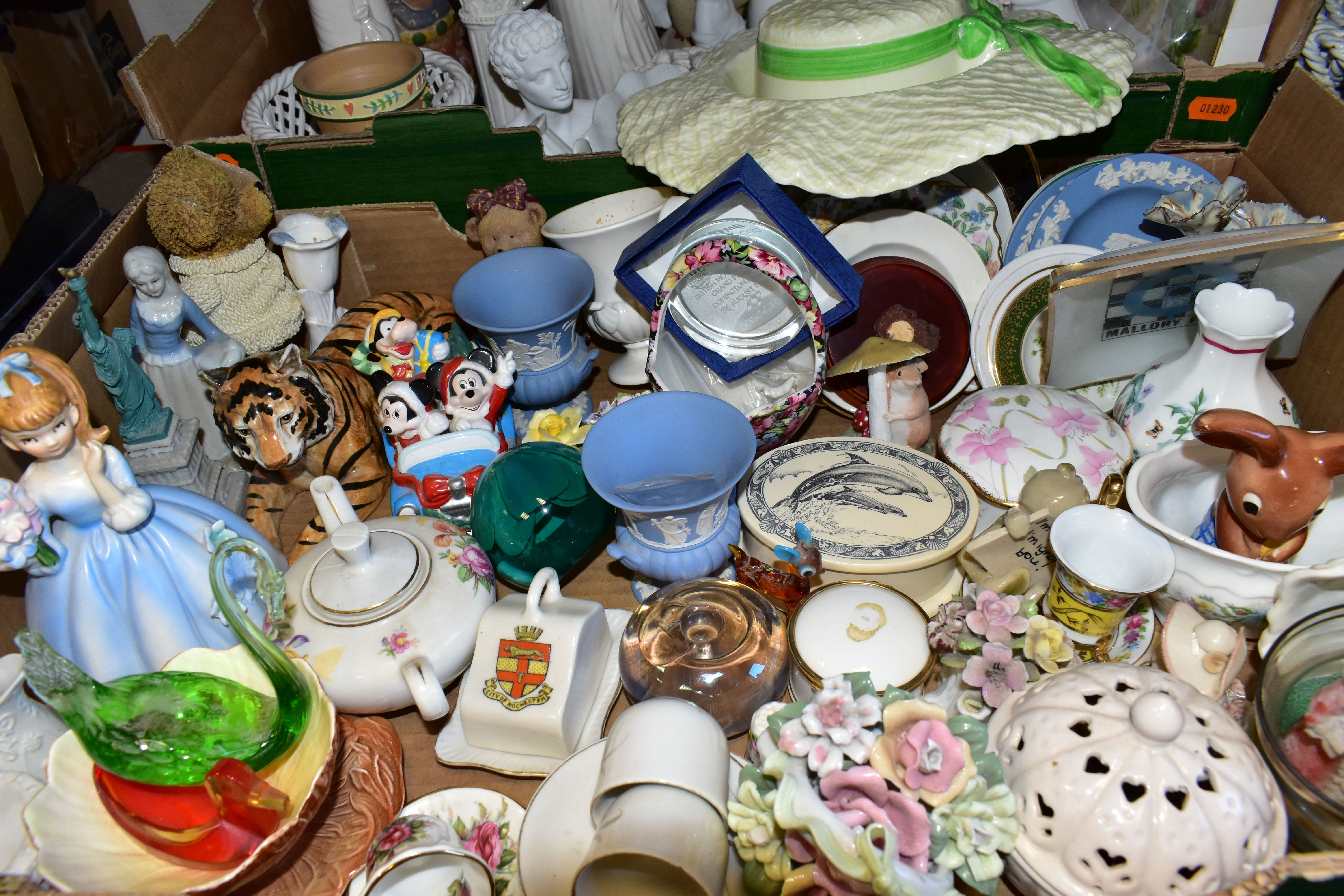 FOUR BOXES OF CERAMICS AND SUNDRIES, to include two miniature mantel clocks, a miniature alarm - Image 2 of 8