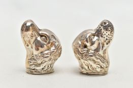 A PAIR OF NOVELTY SILVER PEPPERETTES, each in the form of a spaniel dog head, removeable flat