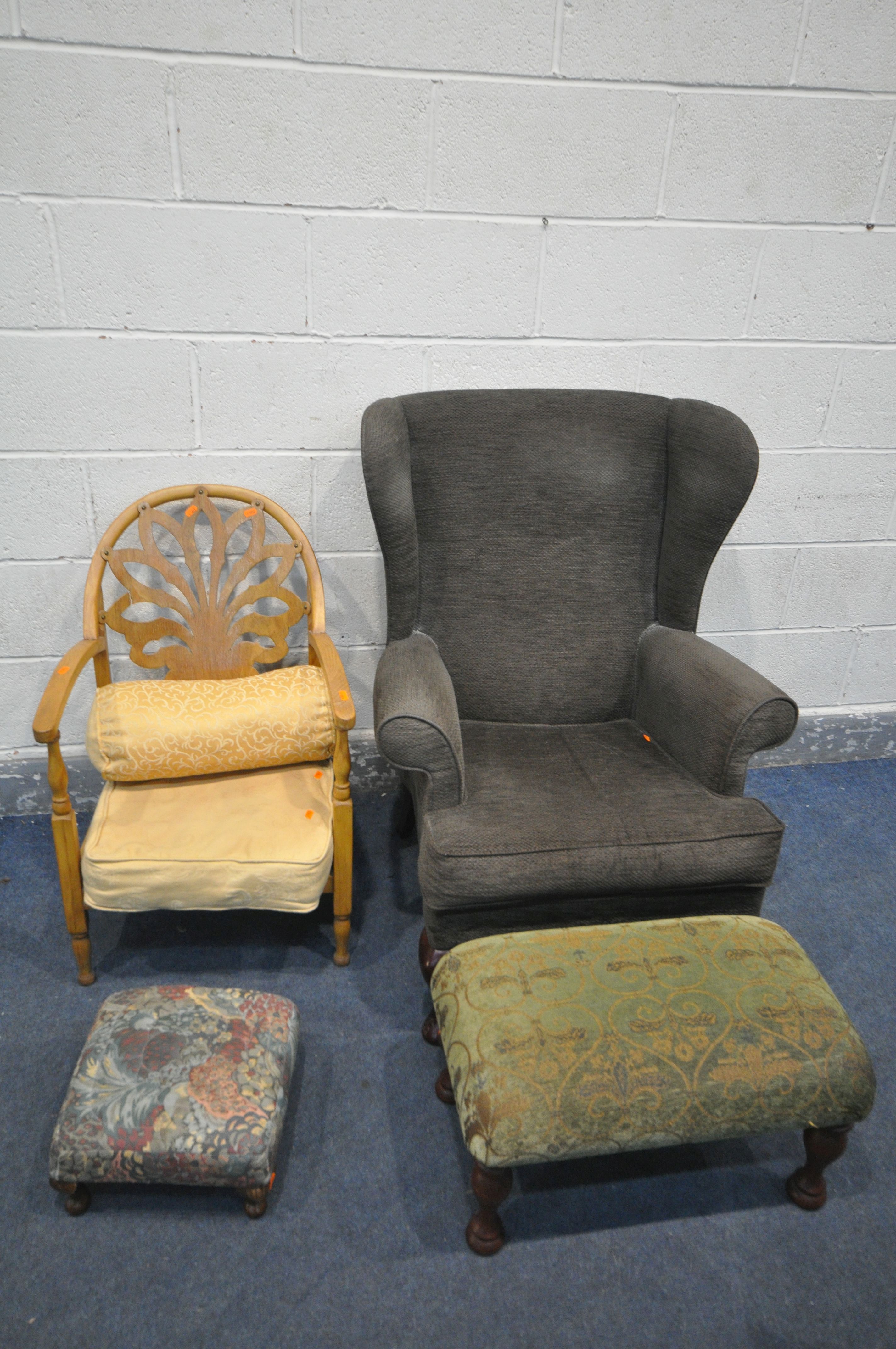 A BROWN UPHOLSTERED WING BACK ARMCHAIR, on front cabriole legs, a beech framed armchair, and two