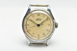 A STAINLESS STEEL 'ANGELUS' WATCH HEAD, manual wind, round cream dial signed 'Angelus', Arabic