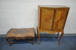 A FRENCH HARDWOOD COFFEE TABLE, with raised gallery to each end, with marquetry inlay, with carved