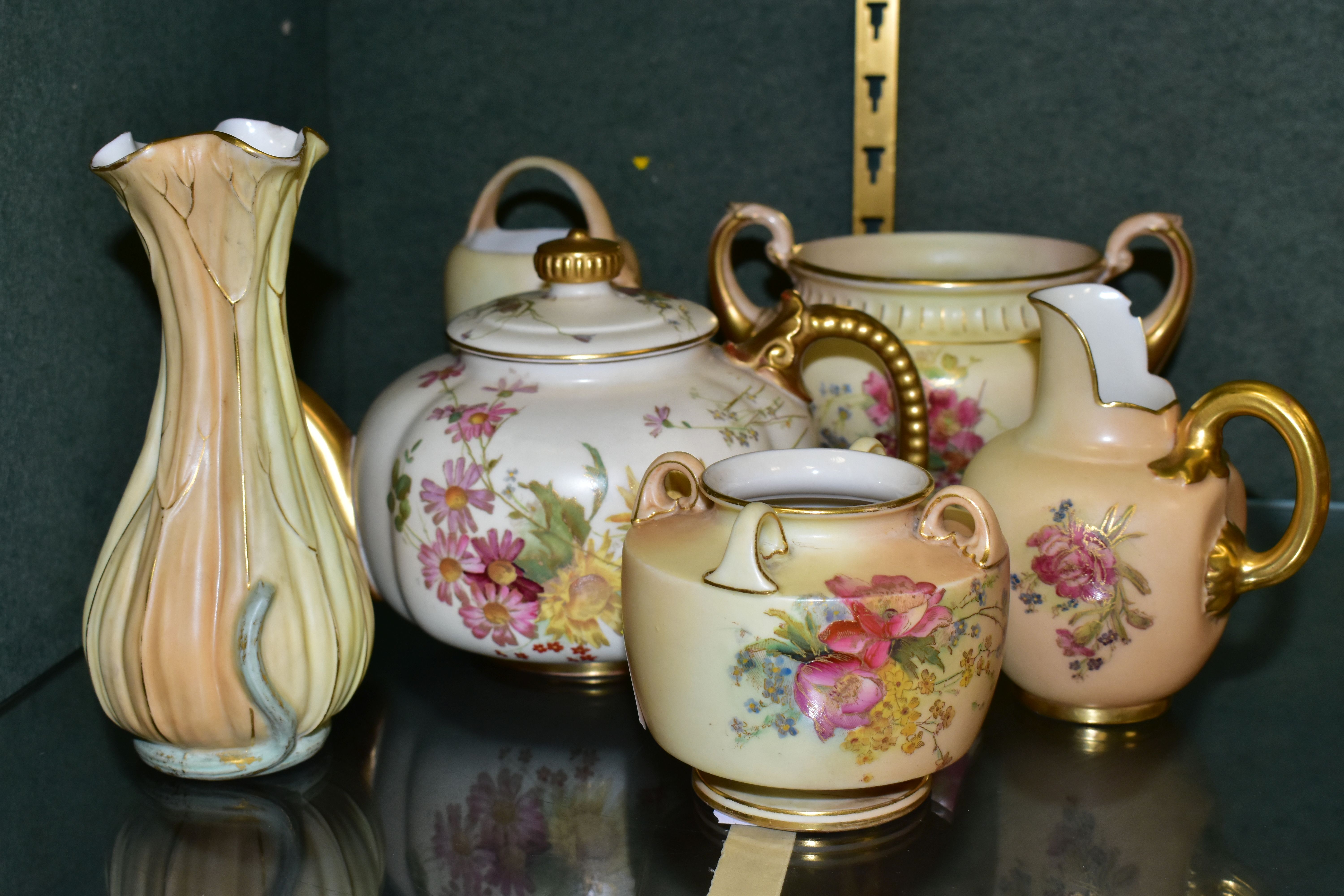 SIX PIECES OF ROYAL WORCESTER BLUSH IVORY PORCELAIN, comprising a teapot printed and tinted with - Image 3 of 9