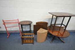 A QUANTITY OF OCCASIONAL FURNITURE, to include a circular coffee table (missing brass screws) an oak