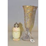 A LOCKE & CO WORCESTER SUGAR SHAKER, AND A CAMBRIDGE GLASS 'ROSE POINT' VASE, the blush ivory