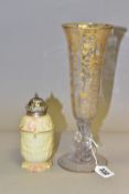 A LOCKE & CO WORCESTER SUGAR SHAKER, AND A CAMBRIDGE GLASS 'ROSE POINT' VASE, the blush ivory