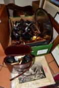 A BOX AND LOOSE SUNDRY ITEMS ETC, to include pair of Carl Zeiss Jenoptem 7x50 binoculars with