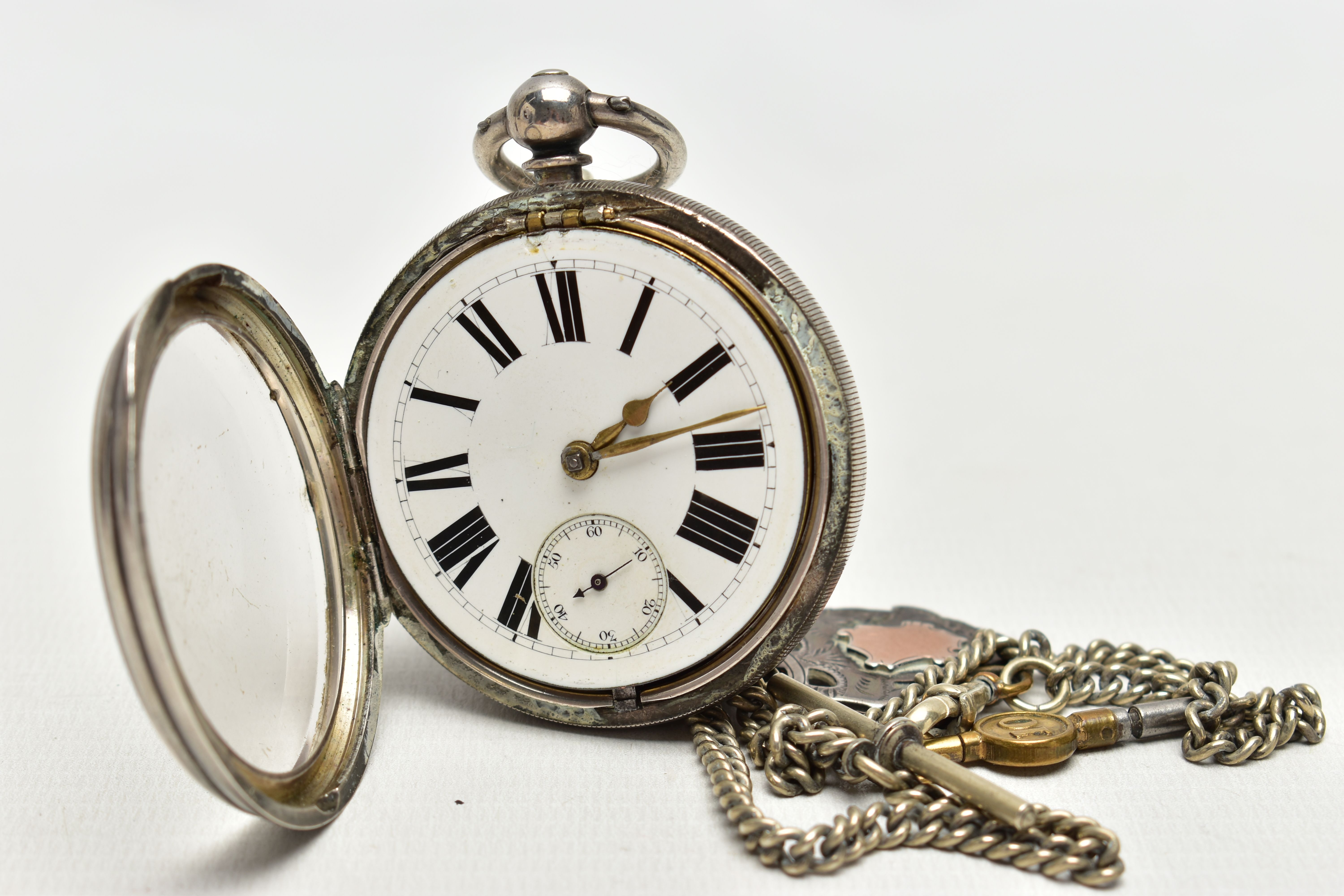 A SILVER OPEN FACE POCKET WATCH WITH ALBERT CHAIN AND FOB, key wound pocket watch featuring a - Image 3 of 5