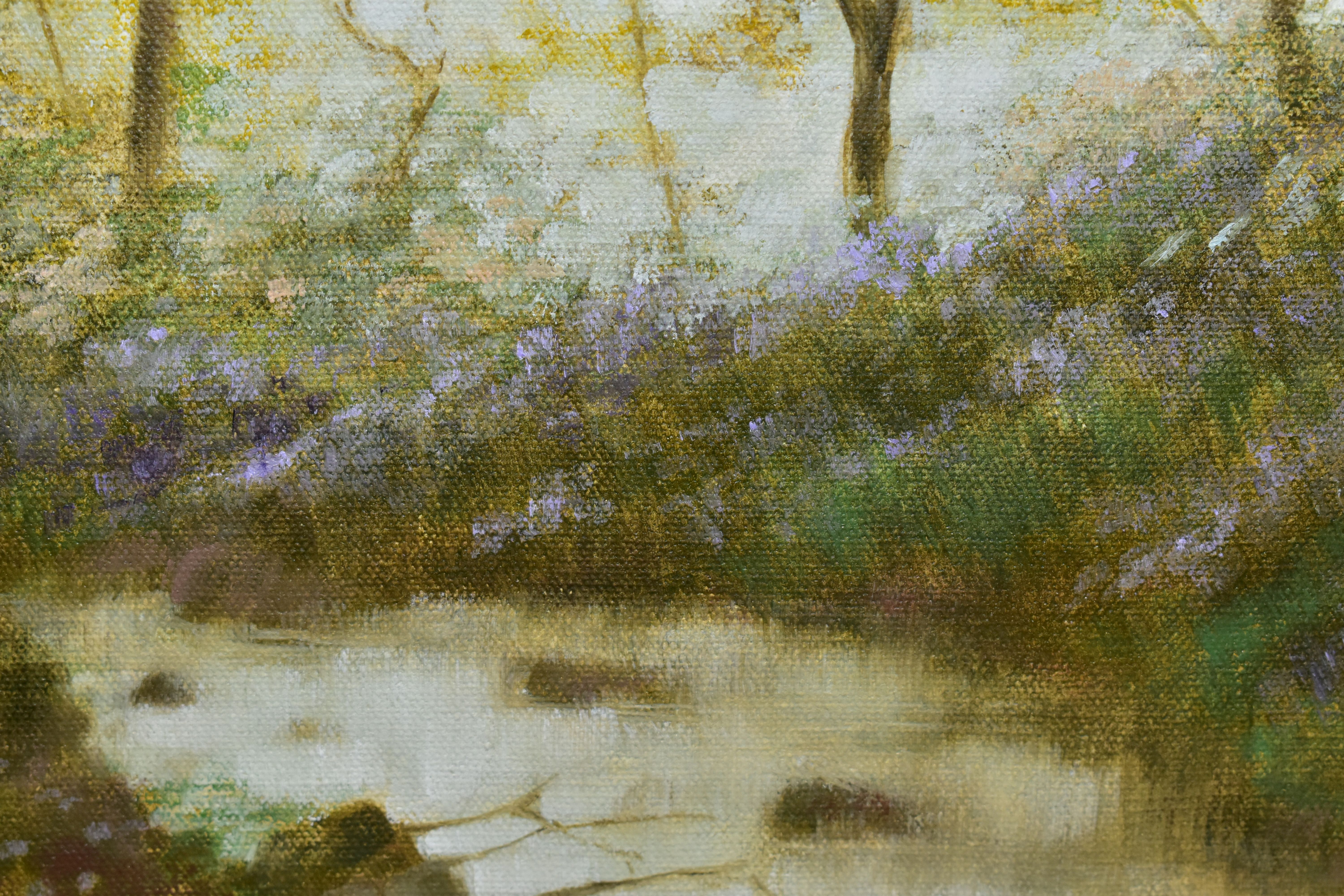 SHEILA TIFFIN (BRITISH 1952) AN IMPRESSIONIST STYLE WOODLAND RIVER LANDSCAPE, possibly set in - Image 3 of 4