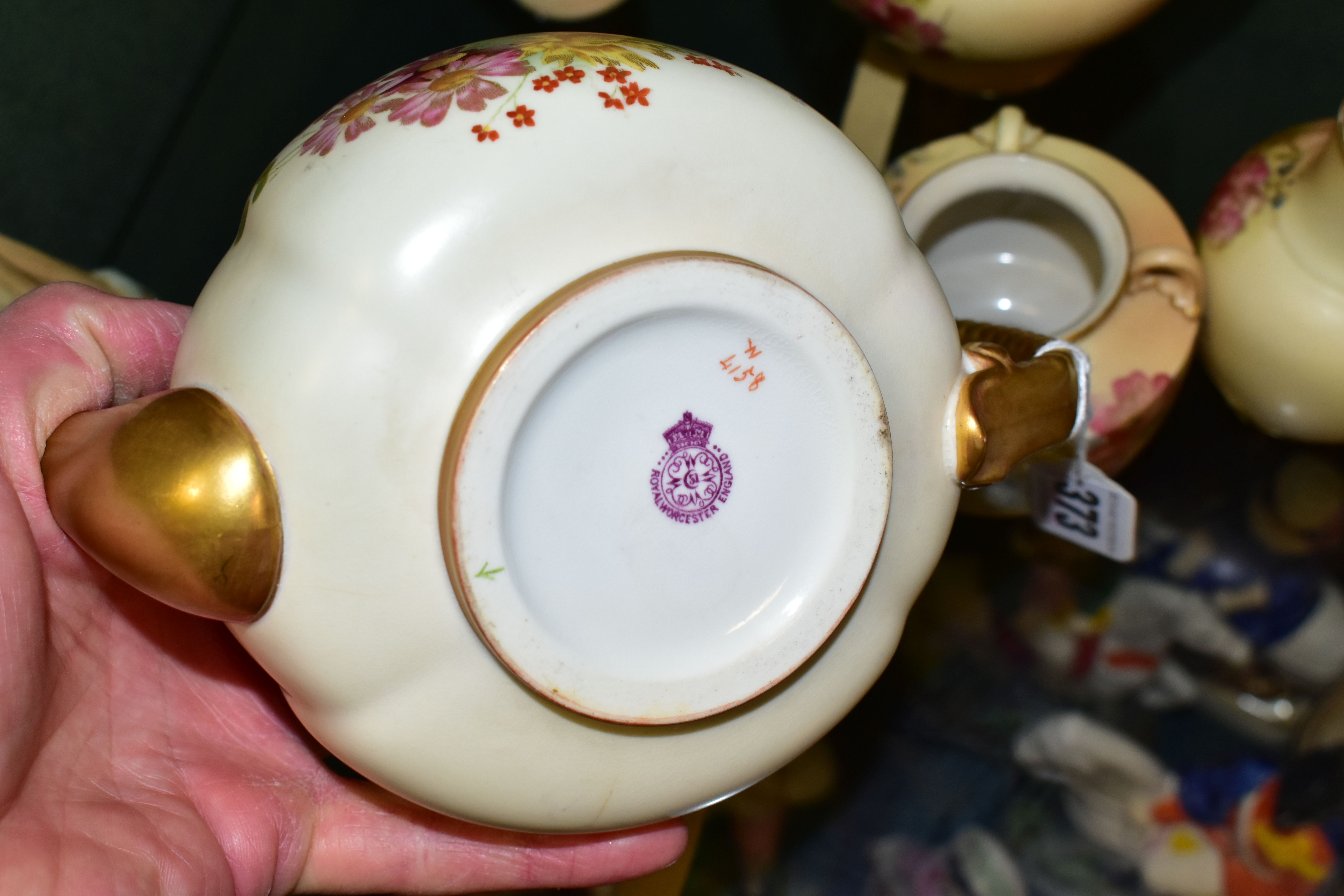 SIX PIECES OF ROYAL WORCESTER BLUSH IVORY PORCELAIN, comprising a teapot printed and tinted with - Image 7 of 9