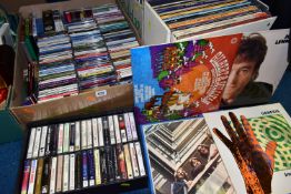FOUR BOXES OF ASSORTED CDS, L.P RECORDS AND TAPE CASSETTES, to include over one hundred LPs