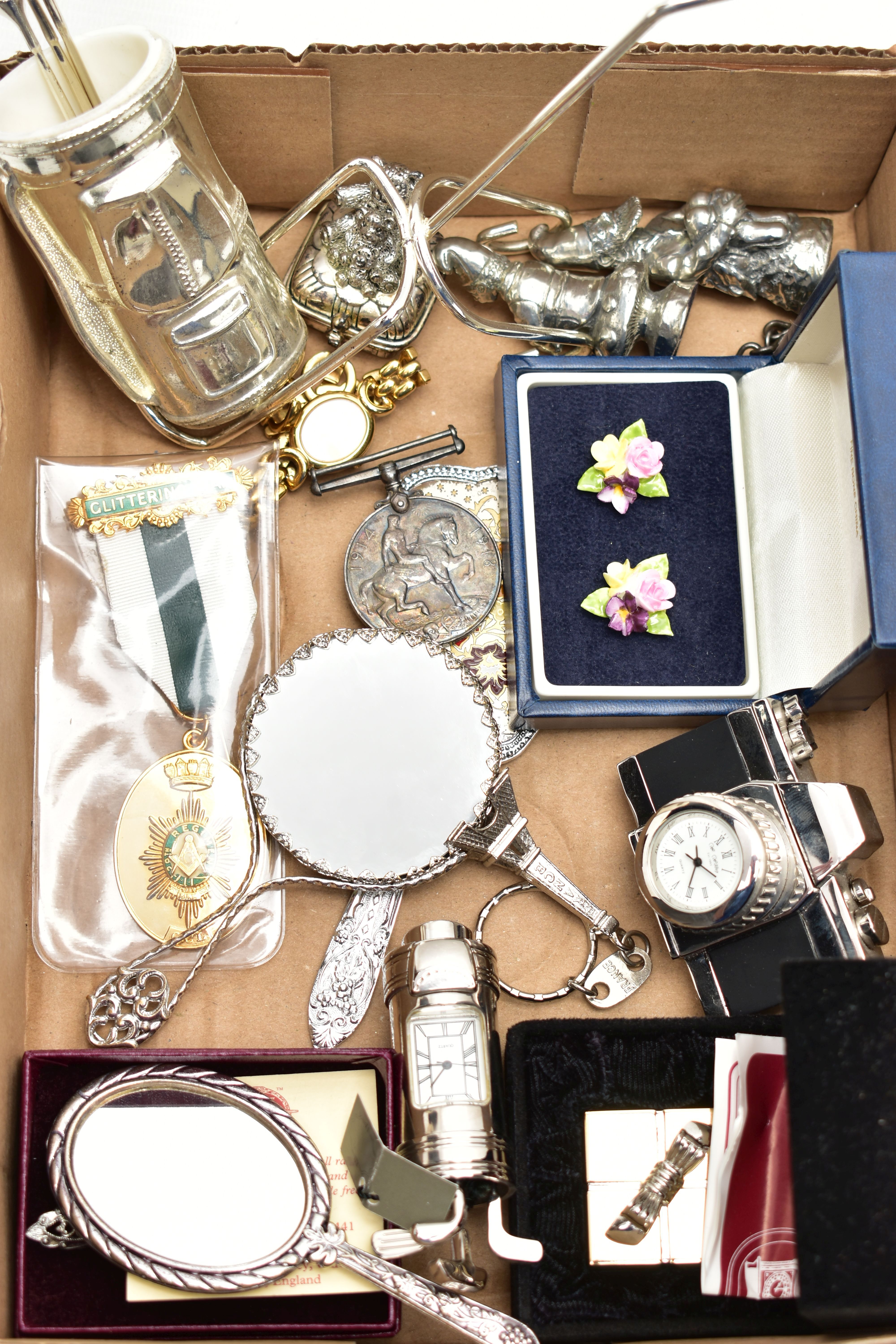 A BOX OF MISCELLANEIOUS ITEMS, to include a silver gilt masonic medal with ribbon, decorated with - Image 2 of 4