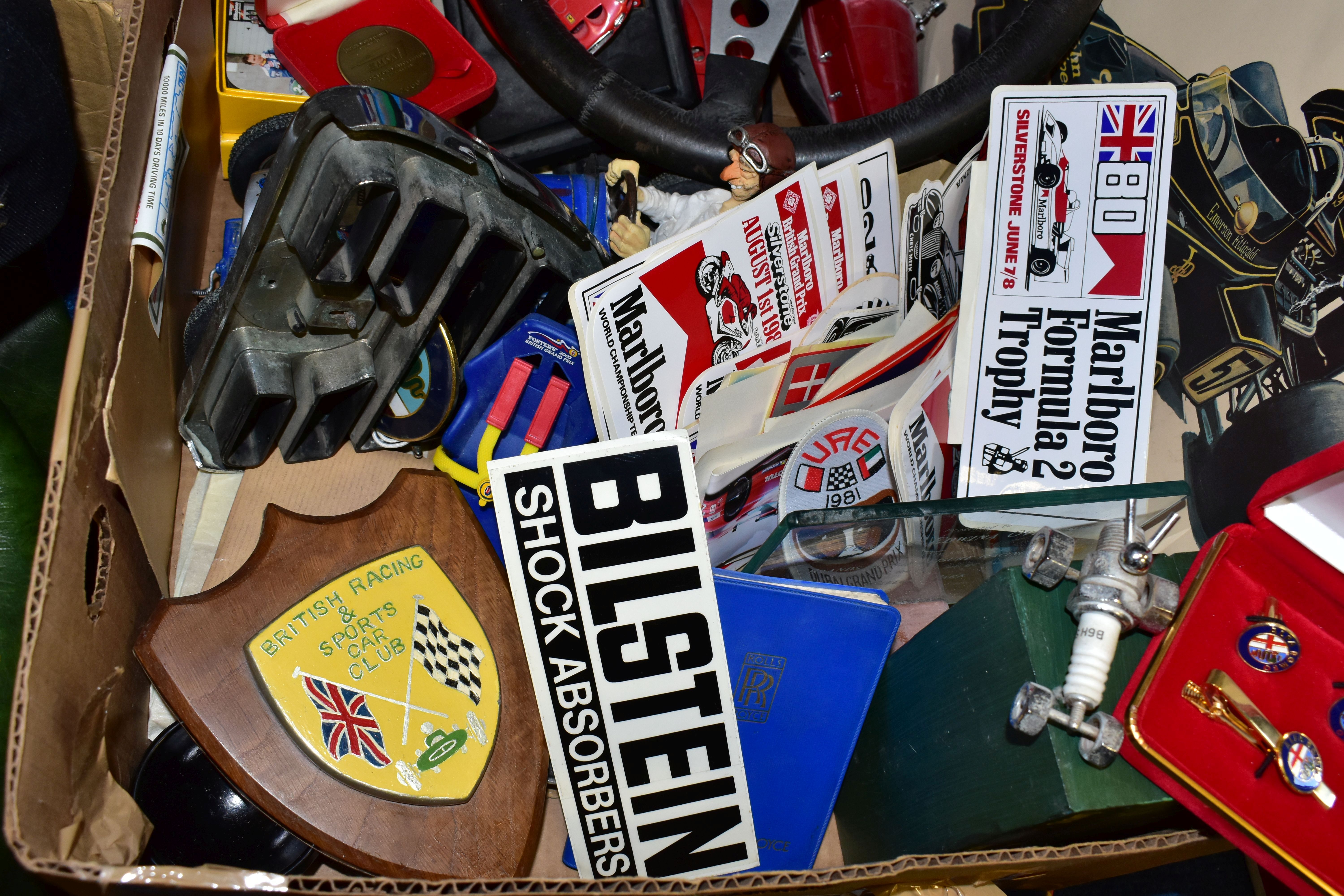 THREE BOXES OF CAR RALLY AND RACING BOOKS, EPHEMERA AND HATS, to include a vintage Alfa Romeo 100+ - Image 5 of 7