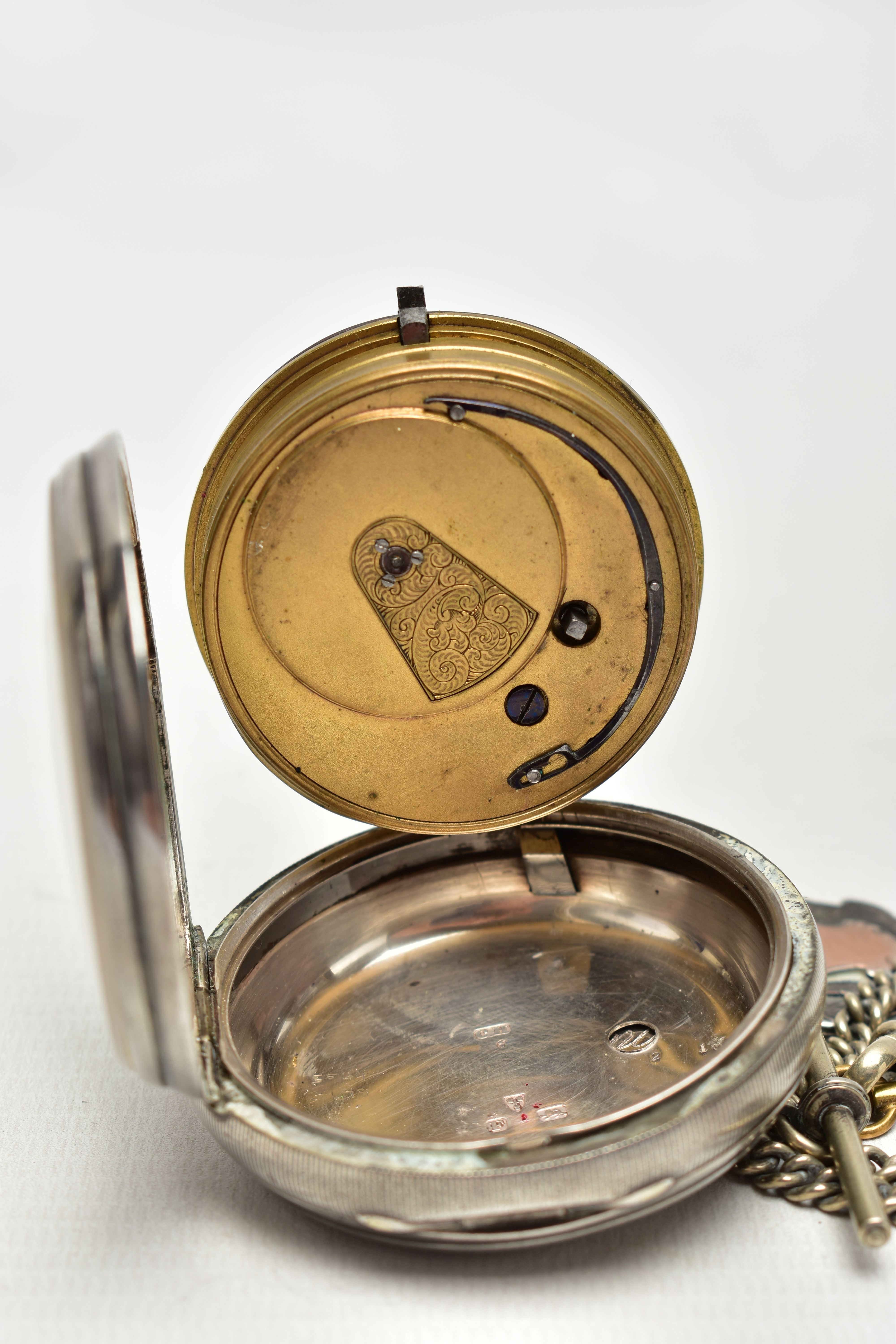 A SILVER OPEN FACE POCKET WATCH WITH ALBERT CHAIN AND FOB, key wound pocket watch featuring a - Image 4 of 5