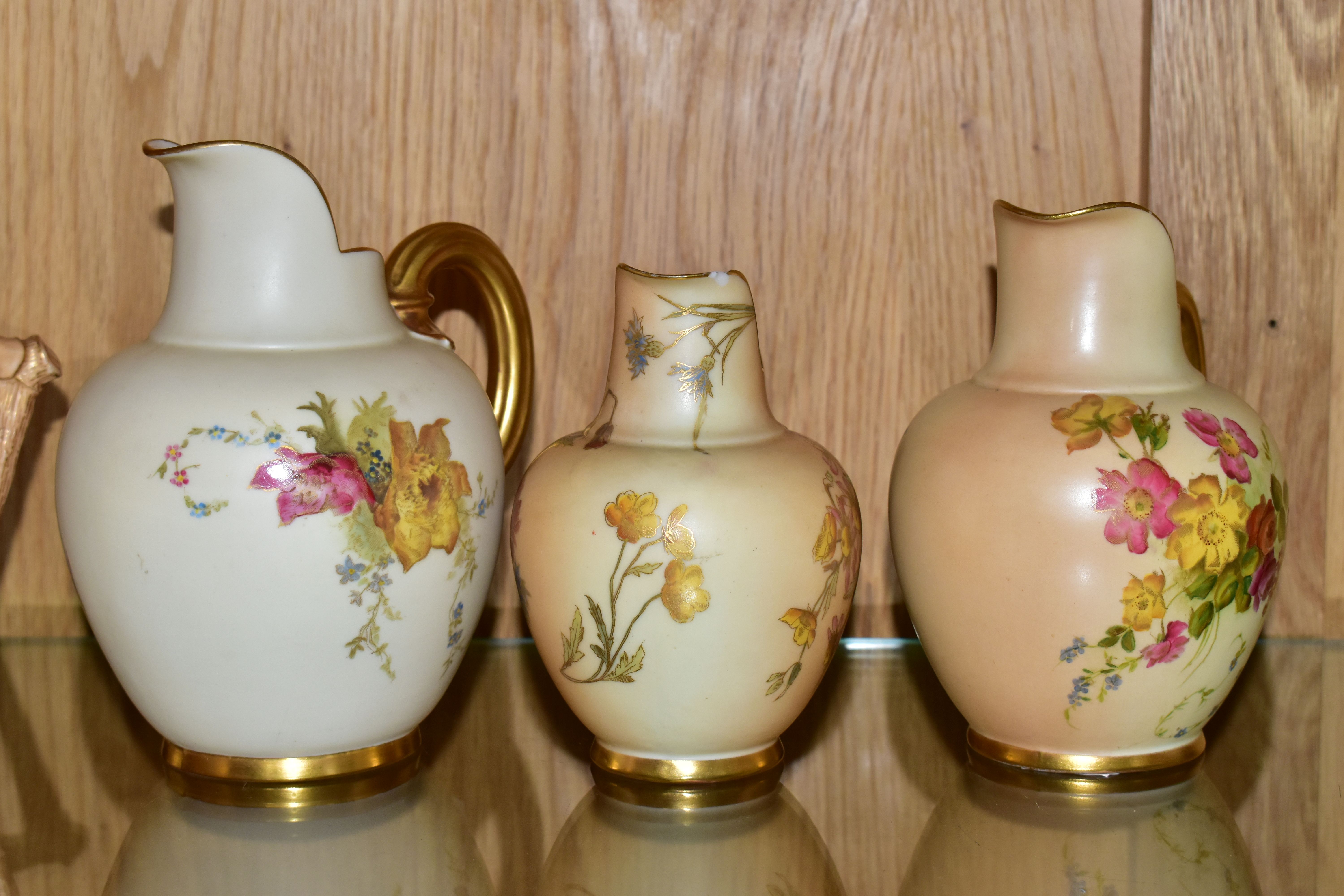 FIVE ROYAL WORCESTER BLUSH IVORY JUGS, each printed and tinted with flowers, with printed purple - Image 2 of 6