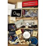 A BOX OF ASSORTED COSTUME JEWELLERY AND ITEMS, to include various beaded necklaces, earrings, rings,