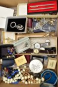 A BOX OF ASSORTED COSTUME JEWELLERY AND ITEMS, to include various beaded necklaces, earrings, rings,