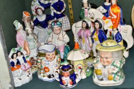 A GROUP OF STAFFORDSHIRE AND STAFFORDSHIRE STYLE FIGURES ETC, to include a figure group of a