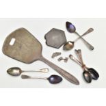 SILVER TEASPOONS, VANITY MIRROR AND A COMPACT AND A PAIR OF CUFFLINKS, to include four Georgian