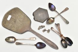 SILVER TEASPOONS, VANITY MIRROR AND A COMPACT AND A PAIR OF CUFFLINKS, to include four Georgian