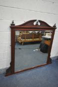 AN EDWARDIAN WALNUT OVERMANTEL MIRROR, width 152cm x height 138cm (condition:-loose finial)