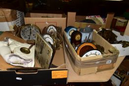 FIVE BOXES OF ASSORTED FRENCH AND ENGLISH CLOCK PARTS, to include movements for wall and mantel