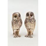 A PAIR OF MODERN SILVER OWL PEPPERETTES, each modelled as a standing owl realistically textured