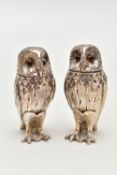 A PAIR OF MODERN SILVER OWL PEPPERETTES, each modelled as a standing owl realistically textured