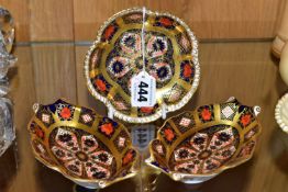 THREE ROYAL CROWN DERBY OLD IMARI 1128 SOLID GOLD BAND PIN DISHES, comprising a pair of wavy