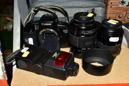 A CANON CAMERA, LENSES, BAG AND ACCESSORIES, comprising a Canon EOS 750 35mm camera, a Sigma f4-5.