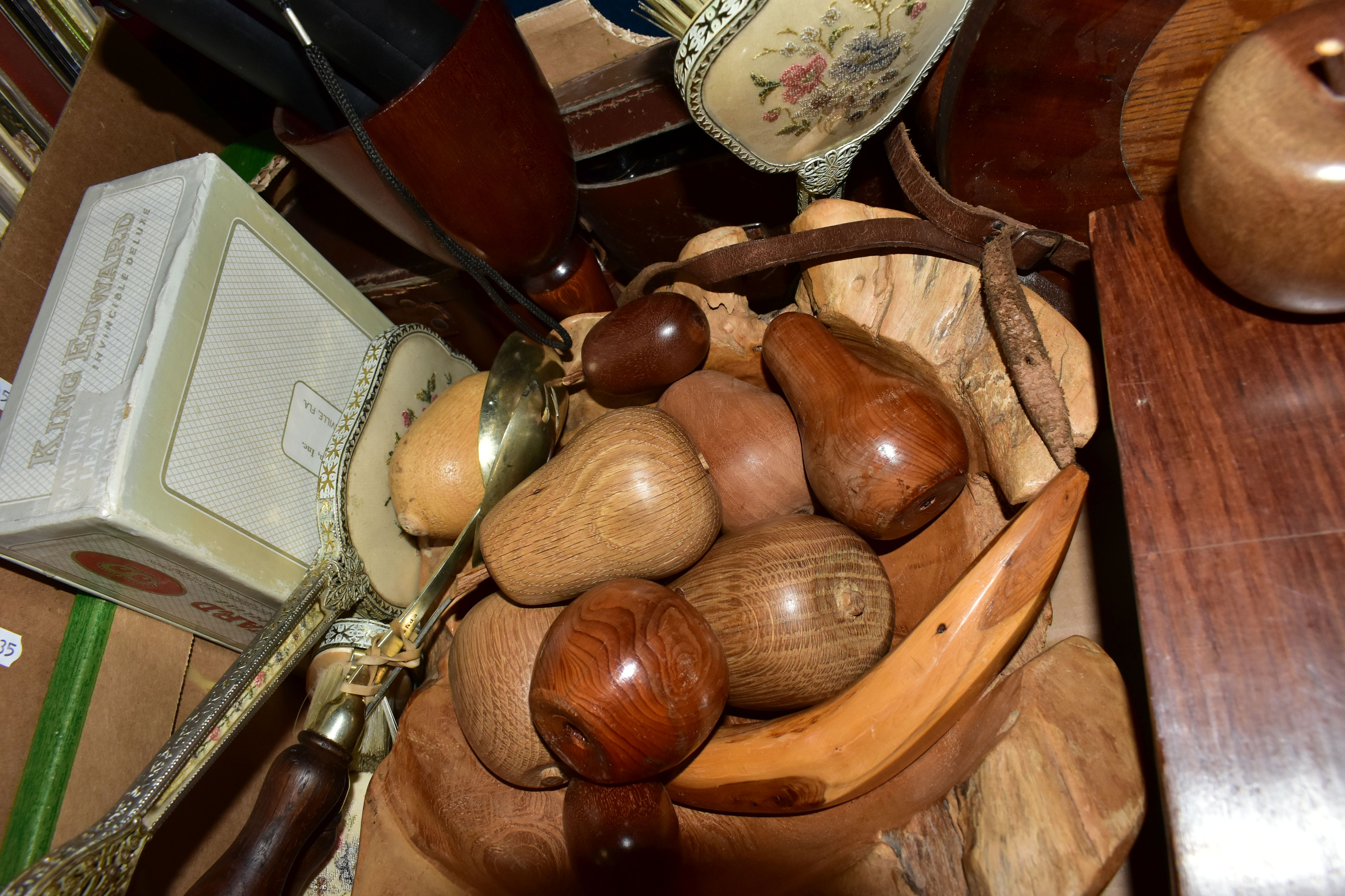 A BOX OF TREEN, BINOCULARS AND SUNDRY ITEMS, to include a large horn, one end carved into a - Image 6 of 7