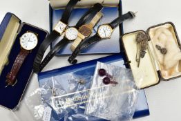 A BOX OF ASSORTED WRISTWATCHES AND ITEMS, to include four ladies fashion wristwatches with names